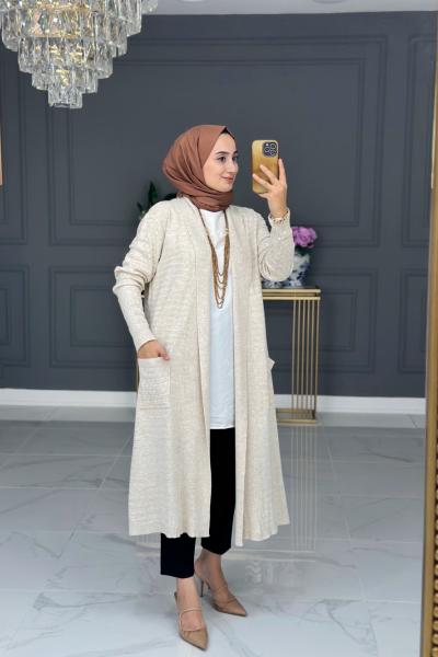 Nefes Uzun Triko Hırka - Bej Bej