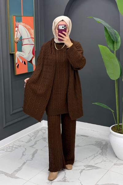 Neva Atkılı Triko Takım - Kahve Kahverengi