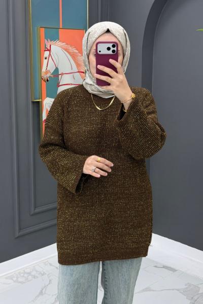 Simli Triko Kazak - Kahve Kahverengi