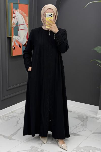 Taş Detaylı Tasarım Ferace-Siyah Siyah