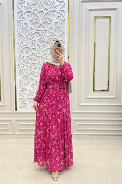 Aysima Tesettür Şifon Elbise Fuşya