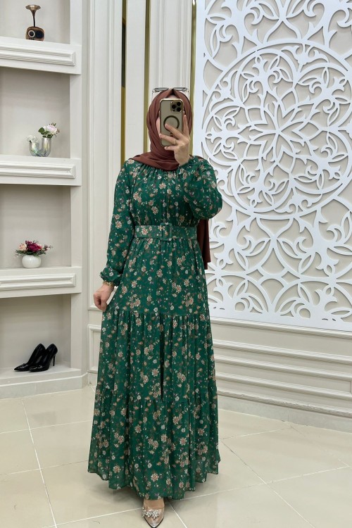 Aysima Tesettür Şifon Elbise Yeşil