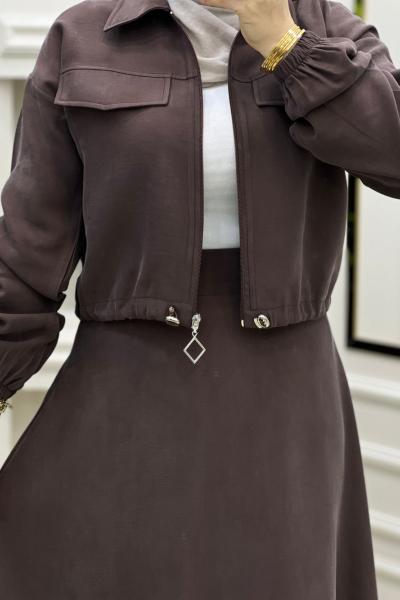 Tesettür Favori Ceket Etek Takım  Kahverengi