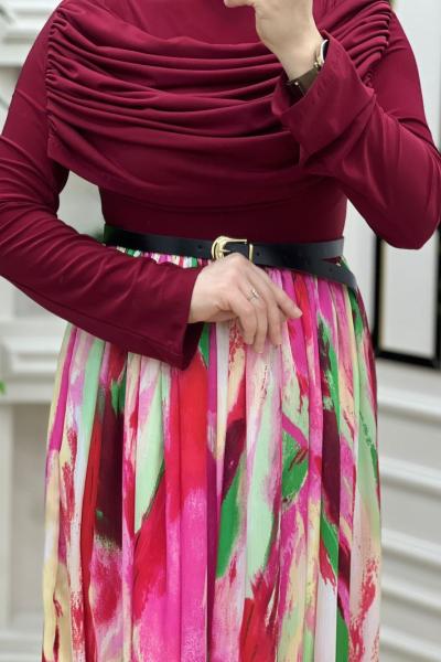 Lilyum Elbise Bordo Bej