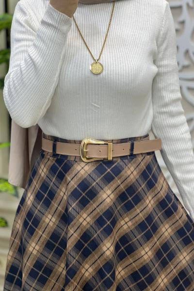 Modern Ekose Etek Lacivert