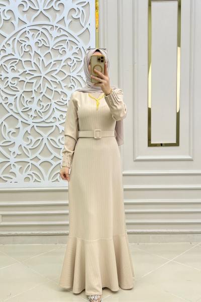 Tesettür Kuğu Elbise Bej