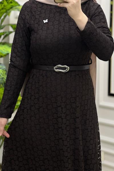 Tuba Dantel Elbise Kahverengi