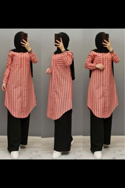 Yeni Model Cepli Tuniğim Çizgili Pembe