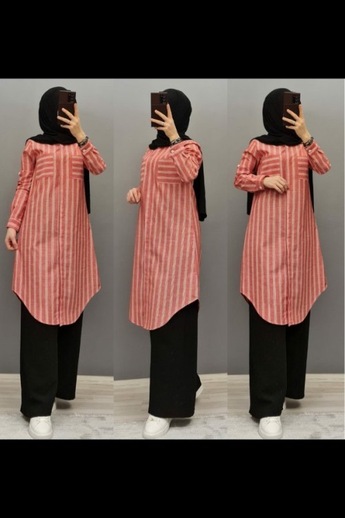 Yeni Model Cepli Tuniğim Çizgili Pembe