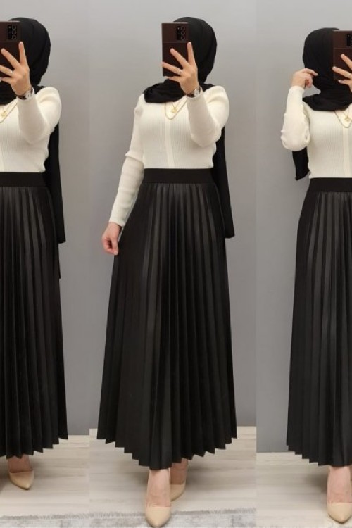 Yeni Model Deri Gorunumlu Etek Siyah