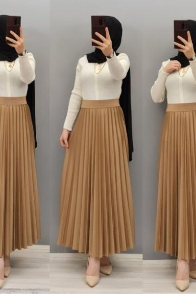 Yeni Model Deri Gorunumlu Etek Camel