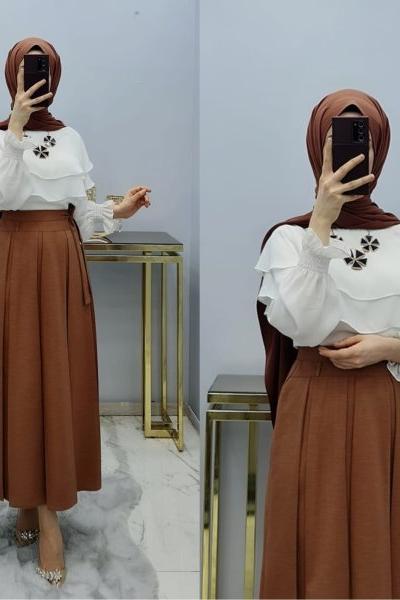 Yeni Model Örme Krep Kumaş Eteğim Kiremit