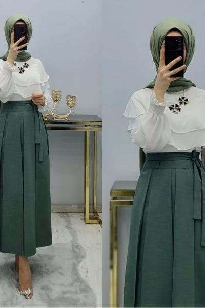 Yeni Model Örme Krep Kumaş Eteğim Mint Yeşili