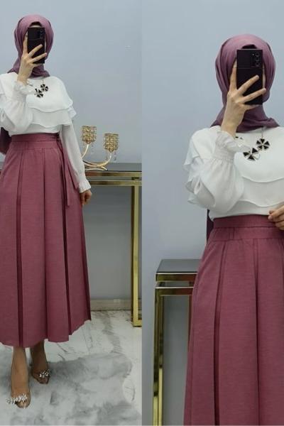 Yeni Model Örme Krep Kumaş Eteğim Pembe