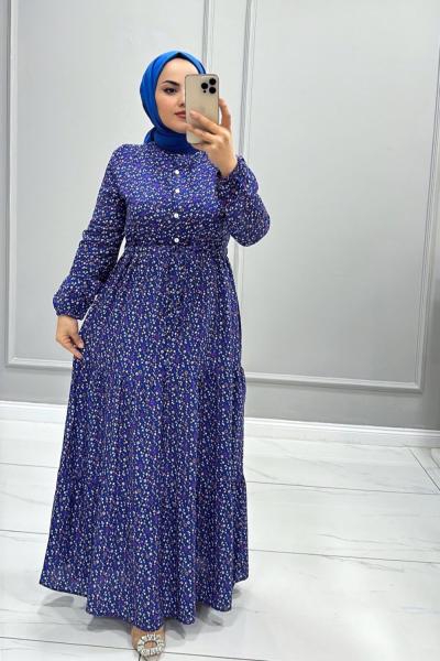 Elbise Viskon Buçe Saks Mavisi