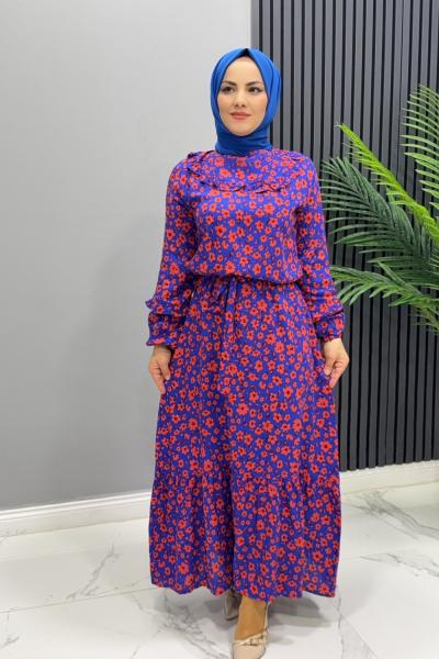 Elbise Viskon Gelincik Saks Mavisi