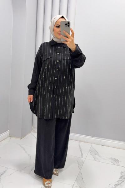 Takım İkili taşlı Zeyno Siyah